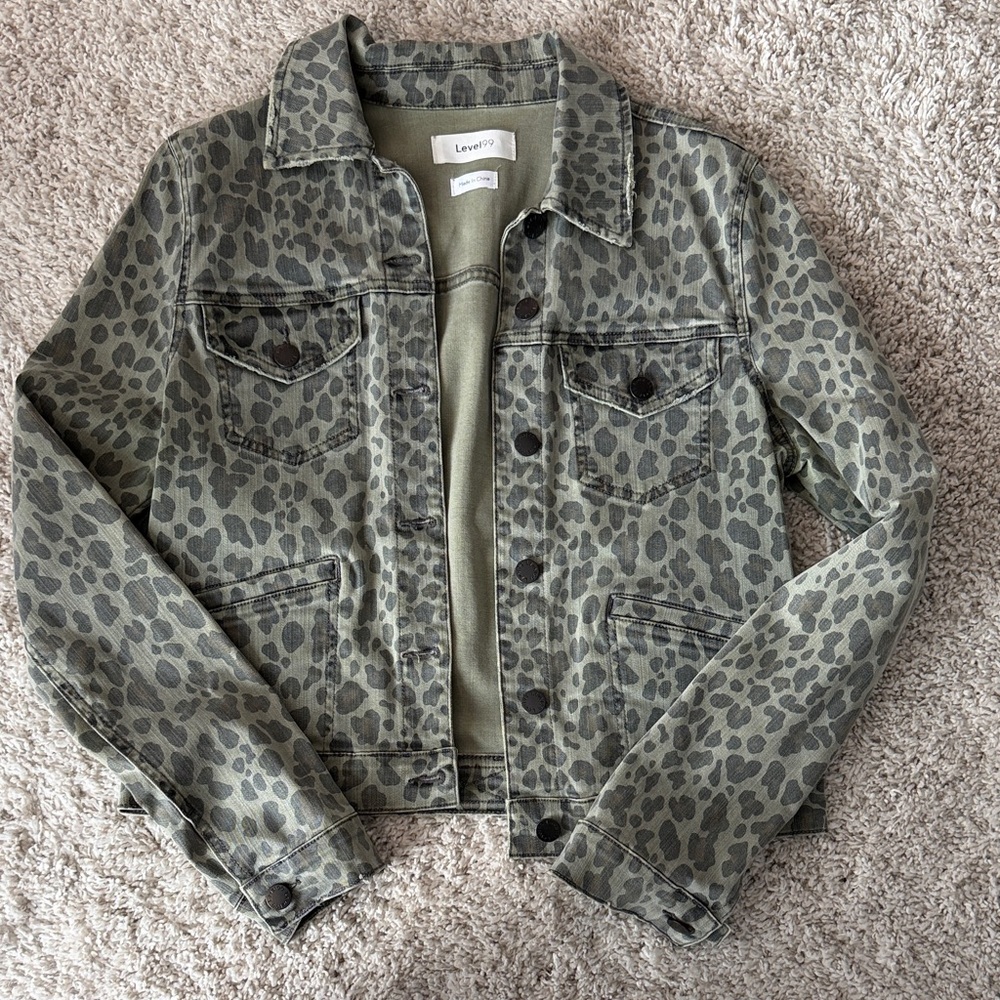 Level 99 Green Leopard Print Jean Jacket